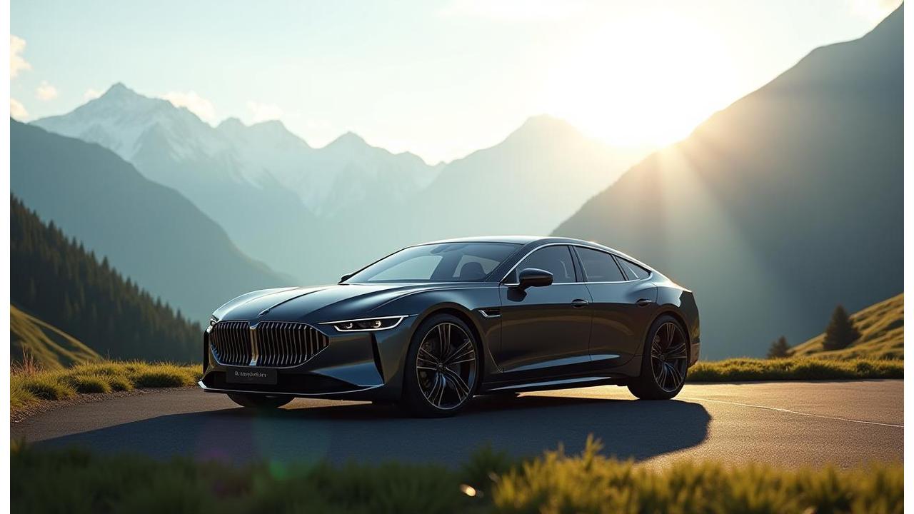 Luxuriöses EliteMotor Fahrzeug in moderner Umgebung mit Schweizer Alpen im Hintergrund